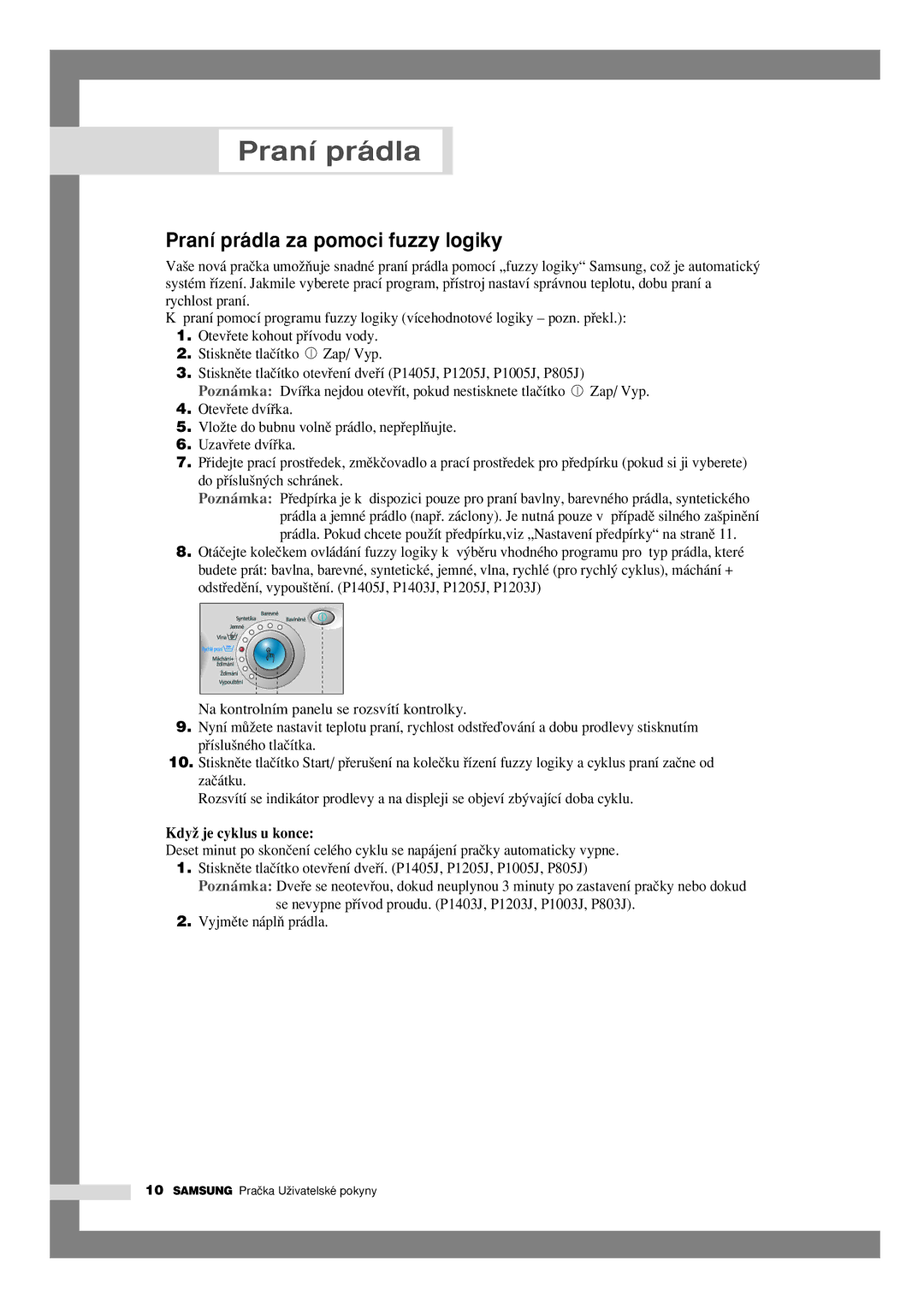 Samsung P1205JGW/YLU, P805JGW/YLU manual Praní prádla za pomoci fuzzy logiky, KdyÏ je cyklus u konce, Vyjmûte náplÀ prádla 