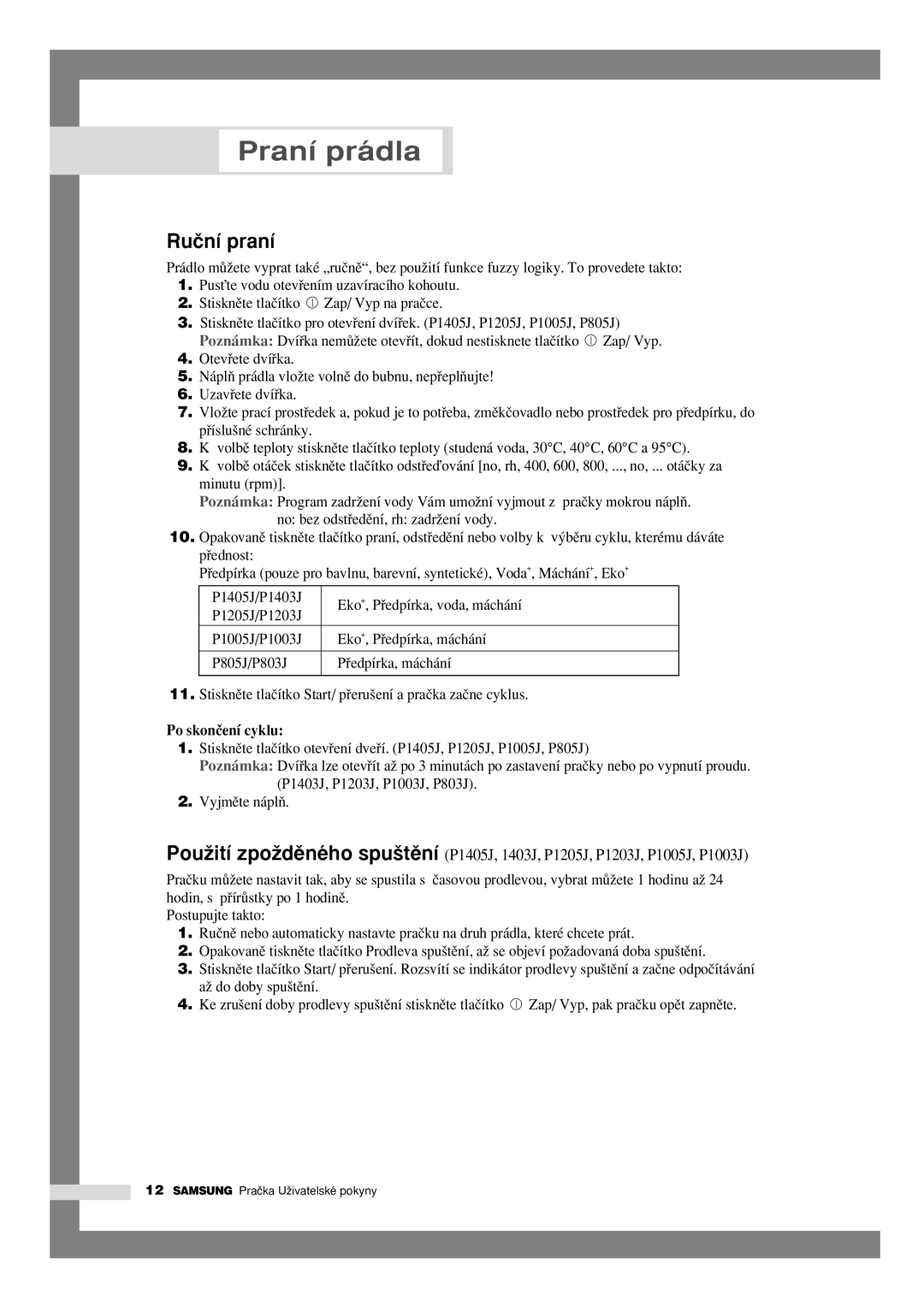 Samsung P1205JGW/YLU, P805JGW/YLU manual Ruãní praní, Po skonãení cyklu 