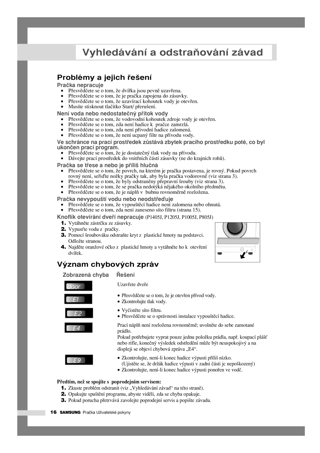 Samsung P1205JGW/YLU, P805JGW/YLU manual Vyhledávání a odstraÀování závad, Problémy a jejich ﬁe‰ení, ˘znam chybov˘ch zpráv 