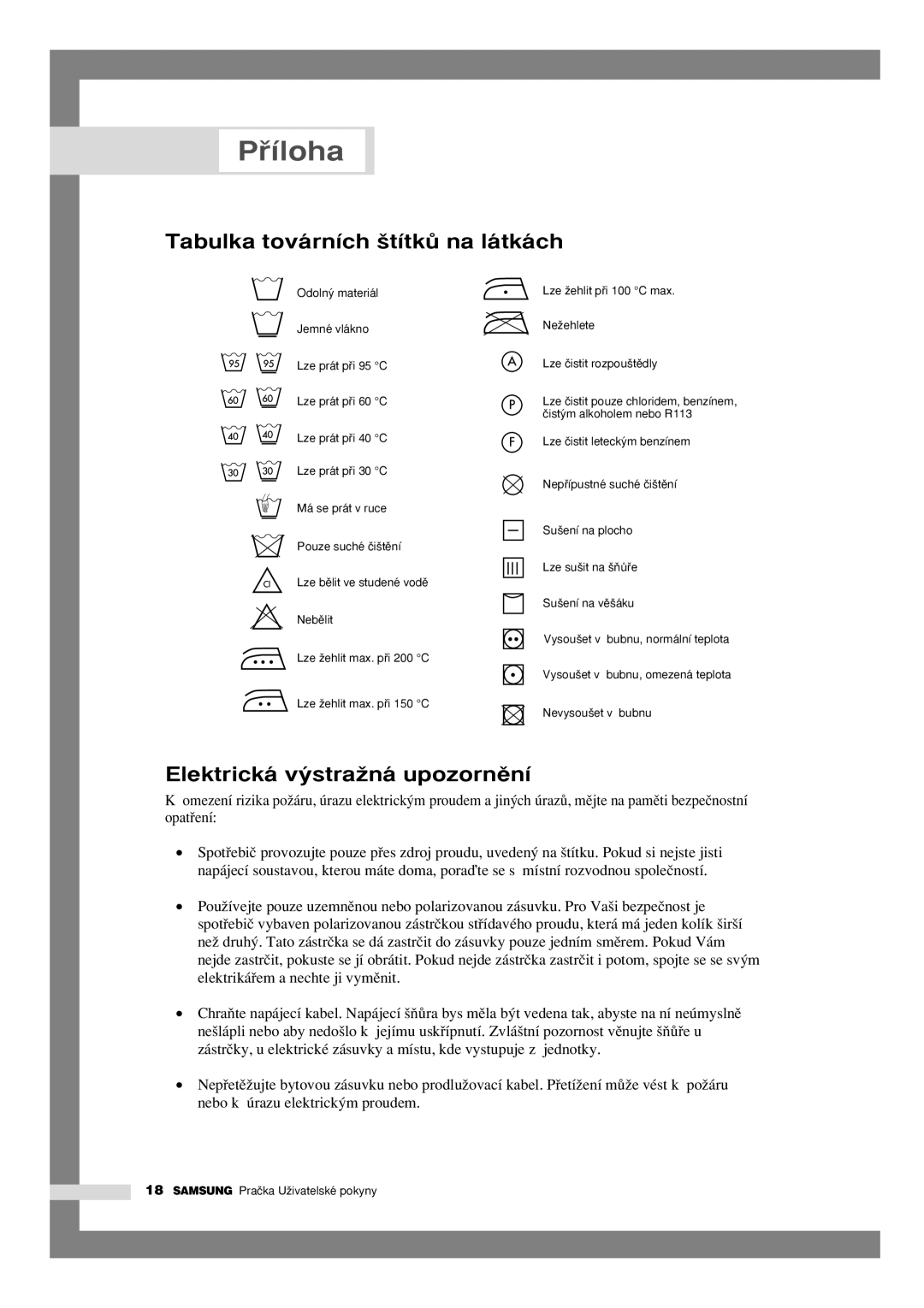 Samsung P1205JGW/YLU, P805JGW/YLU manual Pﬁíloha, Tabulka továrních ‰títkÛ na látkách, Elektrická v˘straÏná upozornûní 