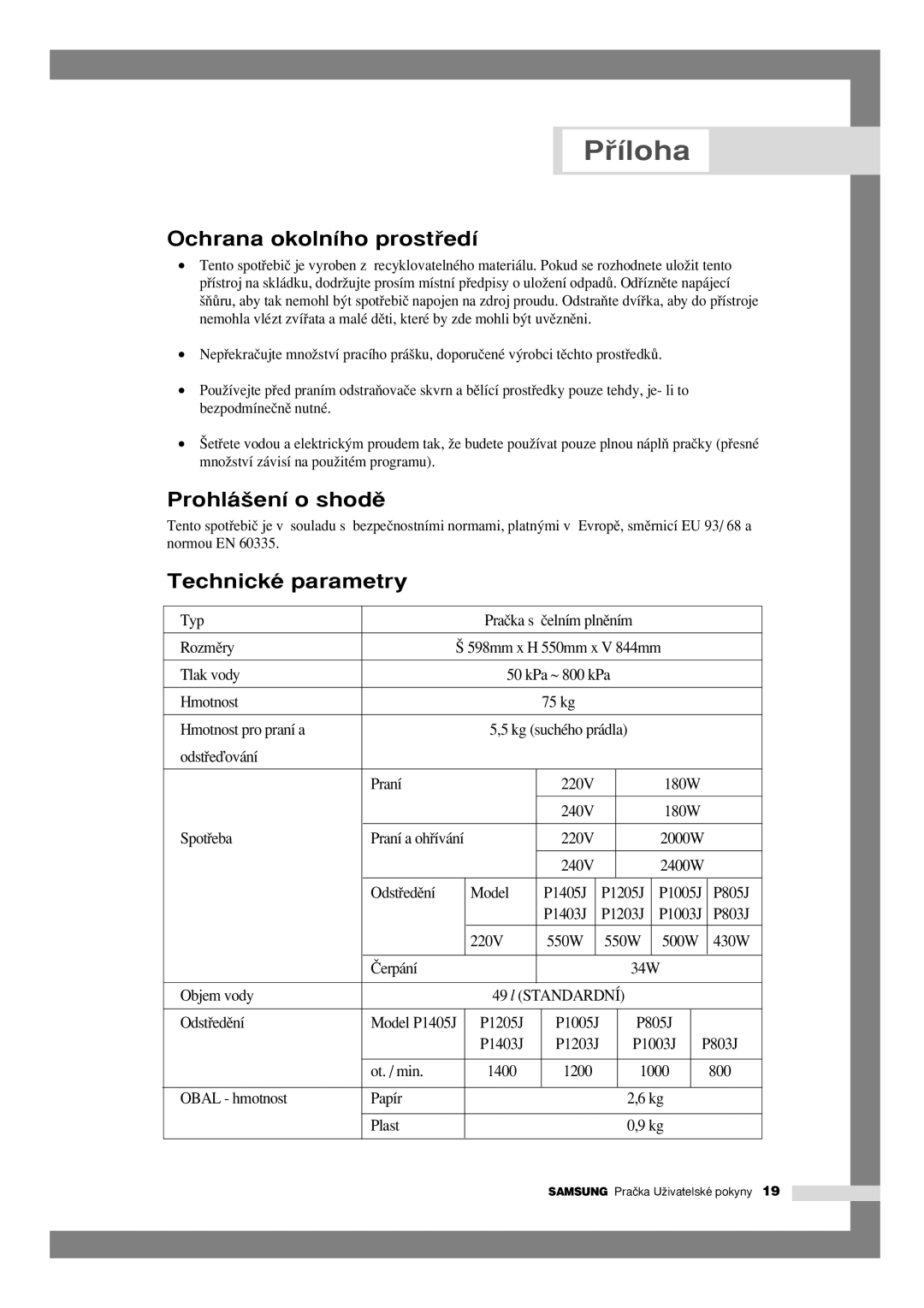 Samsung P805JGW/YLU, P1205JGW/YLU manual Ochrana okolního prostﬁedí, Prohlá‰ení o shodû, Technické parametry 