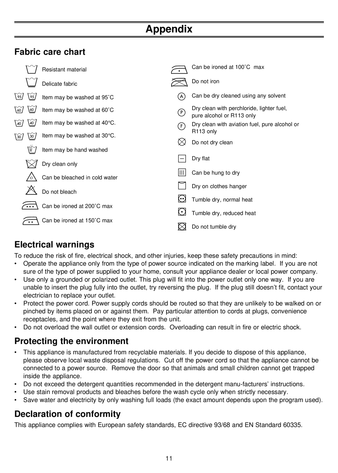 Samsung P1043EW/MID, P843EW/XSG, P1043EW/XSG Appendix, Fabric care chart, Electrical warnings, Protecting the environment 