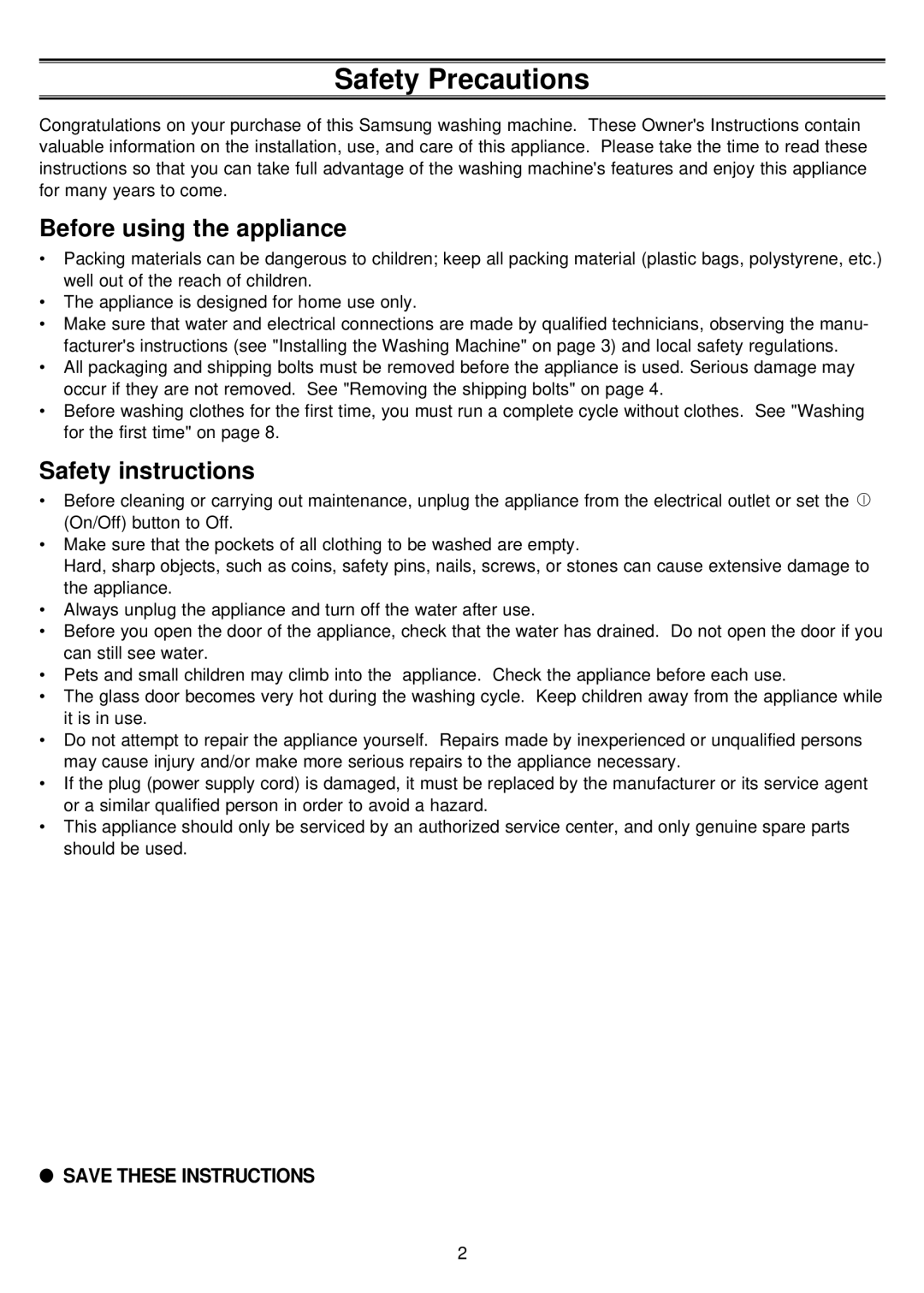 Samsung P8085ES1/HAC, P843EW/XSG, P1043EW/XSG, P843FW/YL Safety Precautions, Before using the appliance, Safety instructions 