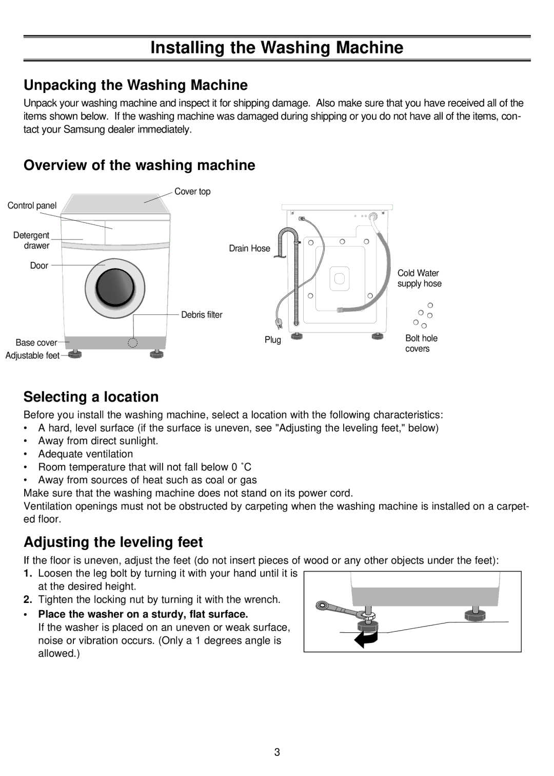 Samsung P843FW/YL manual Installing the Washing Machine, Unpacking the Washing Machine, Overview of the washing machine 