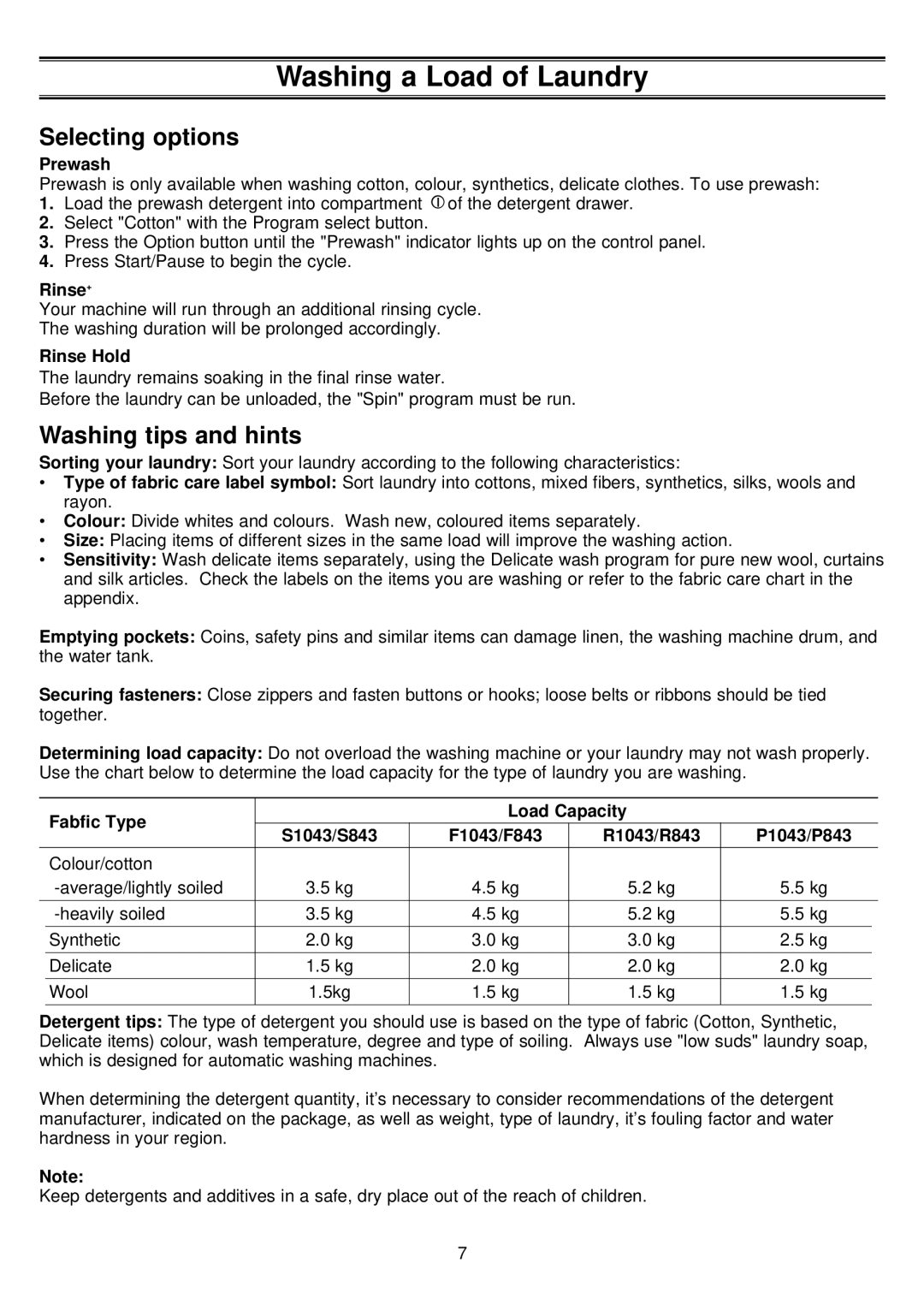 Samsung P1043EWU/YAK, P843EW/XSG, P1043EW/XSG, P8085ES1/HAC, P843FW/YL, P1043EW/YOL Selecting options, Washing tips and hints 