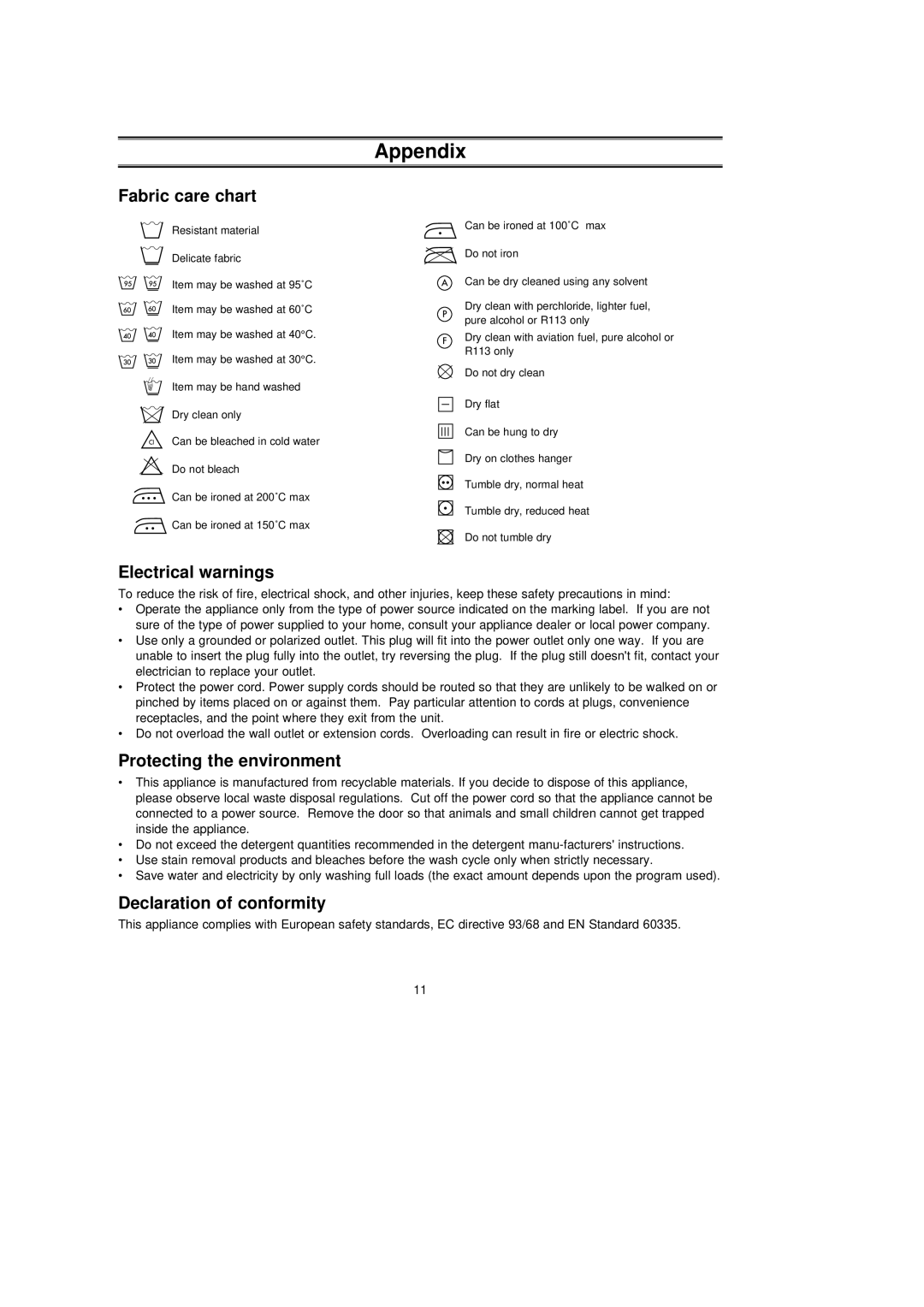 Samsung P1053EW/YON, P853EW/XSV, P1053GW/YLE Appendix, Fabric care chart, Electrical warnings, Protecting the environment 