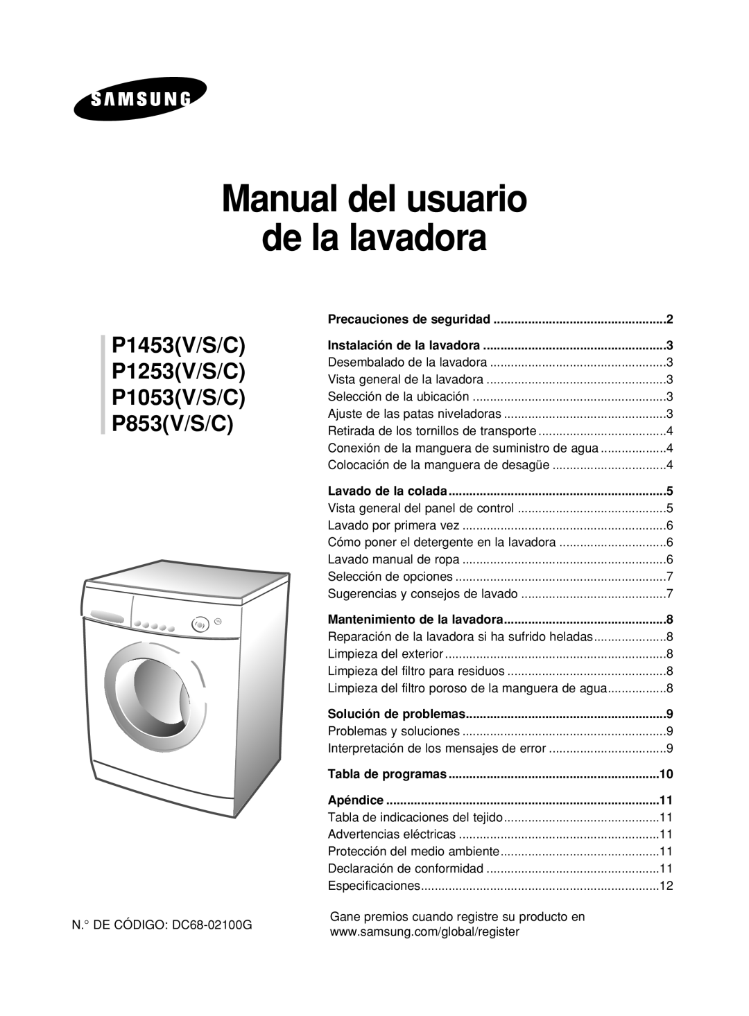 Samsung P1053GW/XEC, P853GW/XEC manual Manual del usuario De la lavadora 