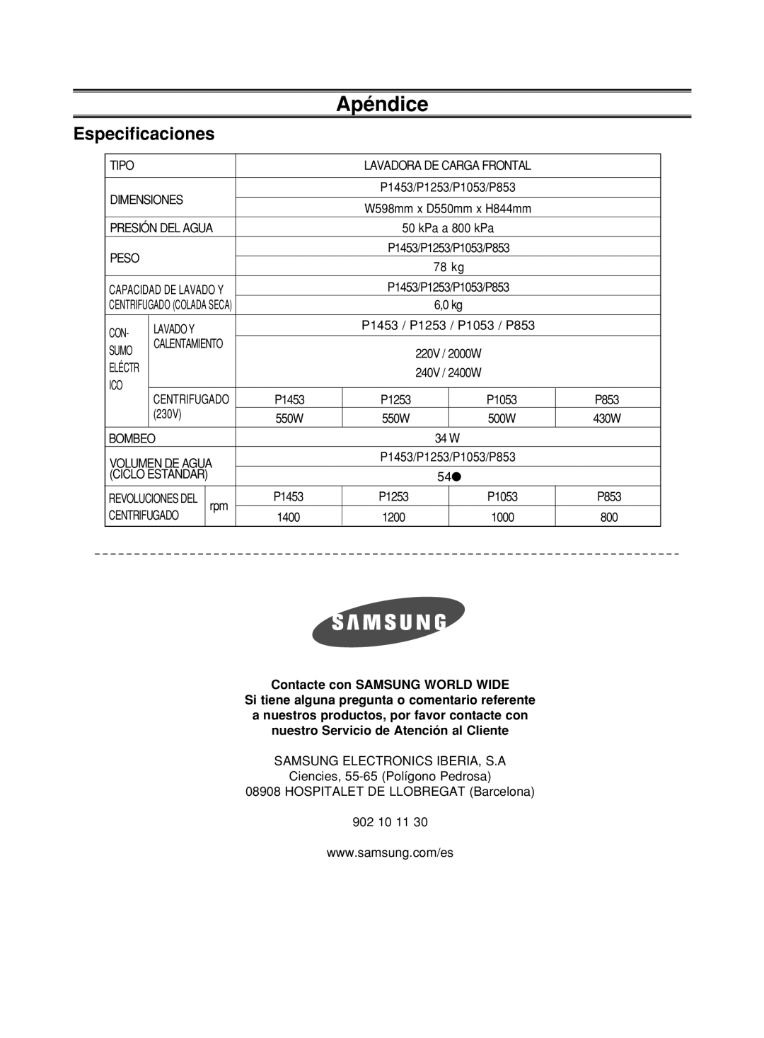 Samsung P853GW/XEC, P1053GW/XEC manual Especificaciones, Contacte con Samsung World Wide 