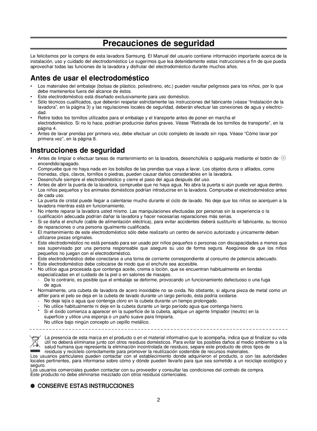 Samsung P853GW/XEC, P1053GW/XEC Precauciones de seguridad, Antes de usar el electrodoméstico, Instrucciones de seguridad 