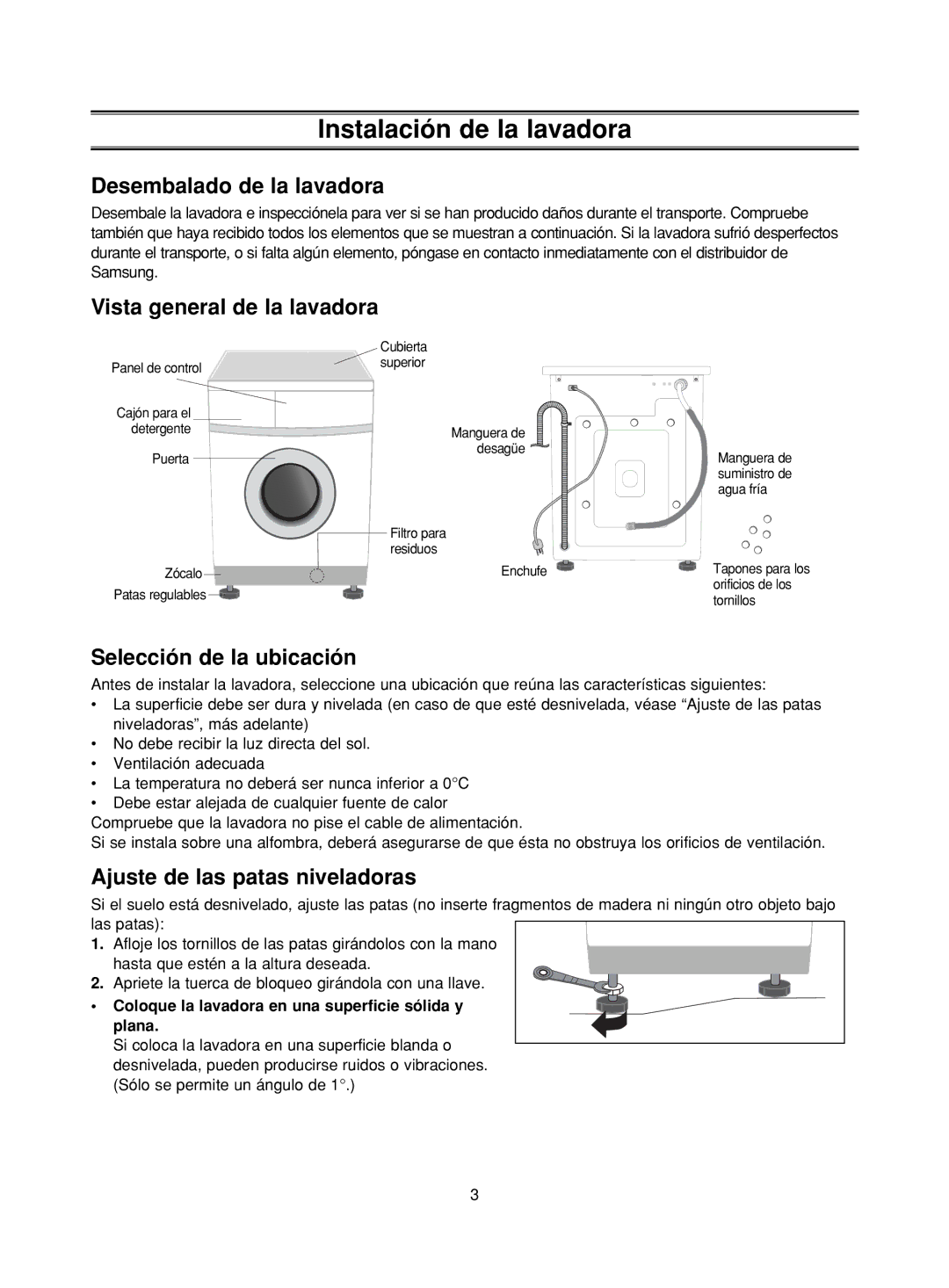 Samsung P1053GW/XEC, P853GW/XEC manual Instalación de la lavadora, Desembalado de la lavadora, Vista general de la lavadora 