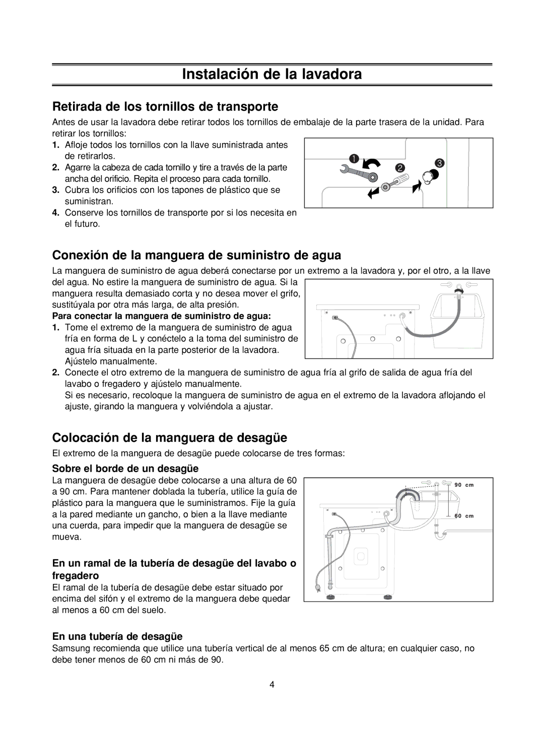 Samsung P853GW/XEC, P1053GW/XEC Retirada de los tornillos de transporte, Conexión de la manguera de suministro de agua 