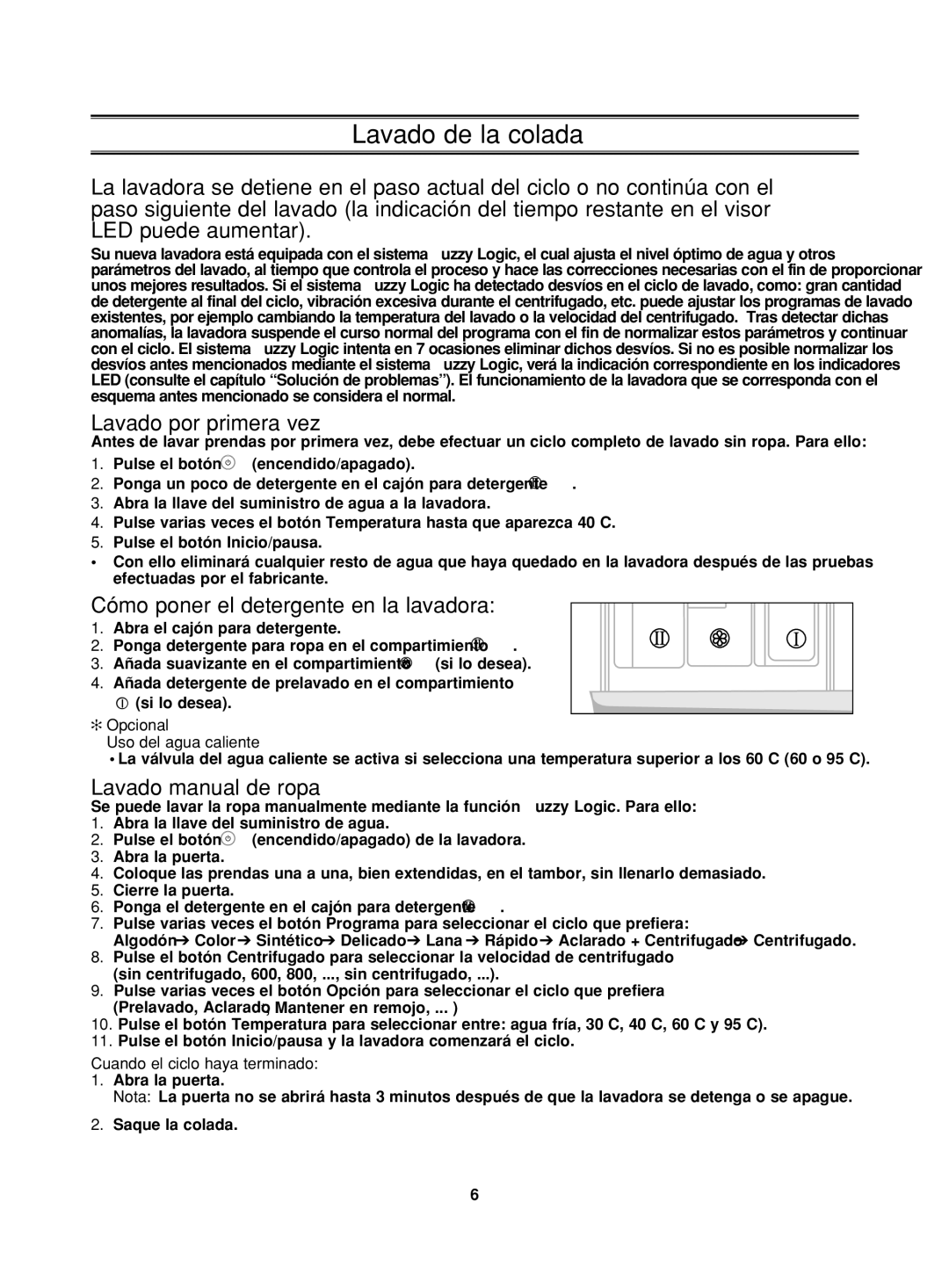 Samsung P853GW/XEC, P1053GW/XEC Lavado por primera vez, Cómo poner el detergente en la lavadora, Lavado manual de ropa 