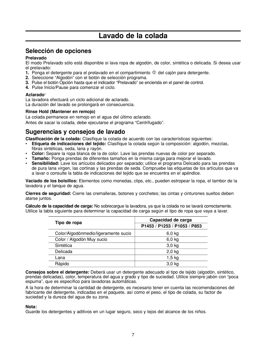 Samsung P1053GW/XEC, P853GW/XEC manual Selección de opciones, Sugerencias y consejos de lavado 