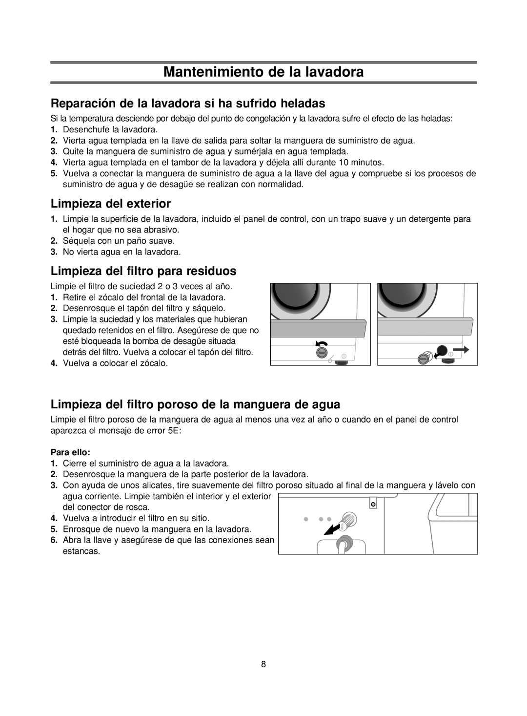 Samsung P853GW/XEC Mantenimiento de la lavadora, Reparación de la lavadora si ha sufrido heladas, Limpieza del exterior 