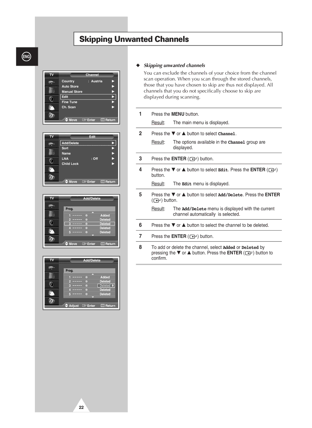 Samsung PAL60 manual Skipping Unwanted Channels, Skipping unwanted channels 