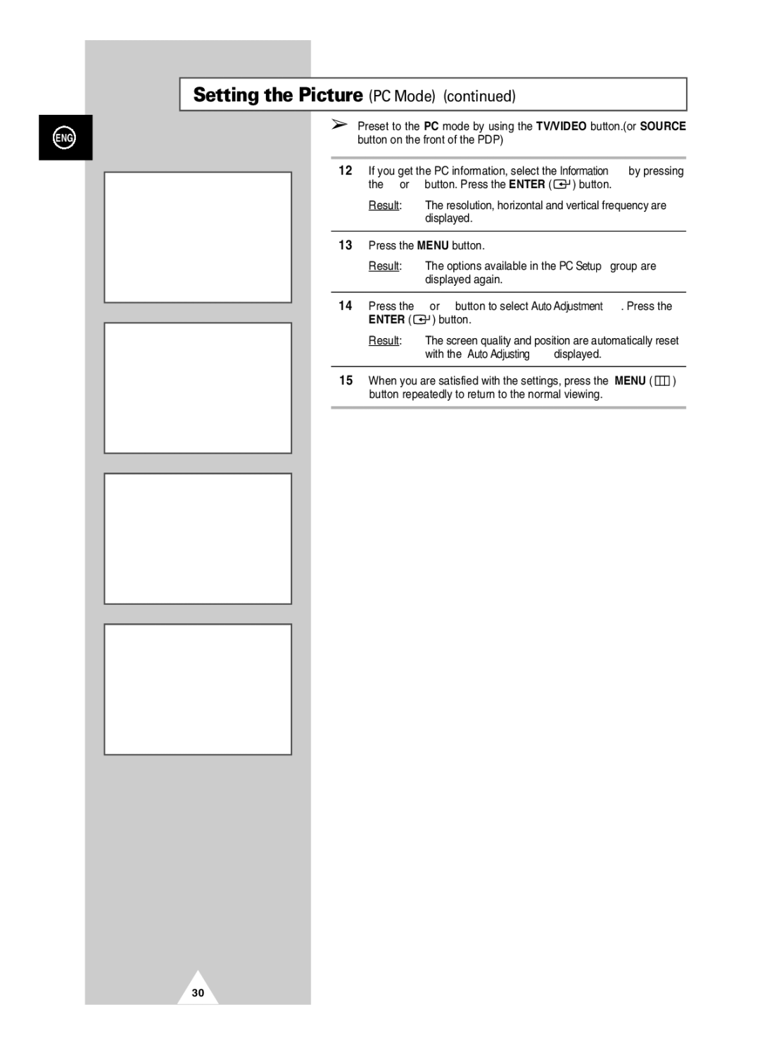 Samsung PAL60 manual Setting the Picture PC Mode 