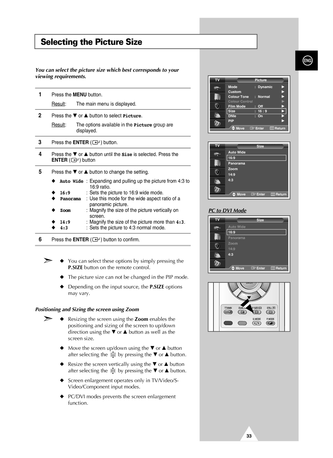 Samsung PAL60 manual Selecting the Picture Size, Positioning and Sizing the screen using Zoom 