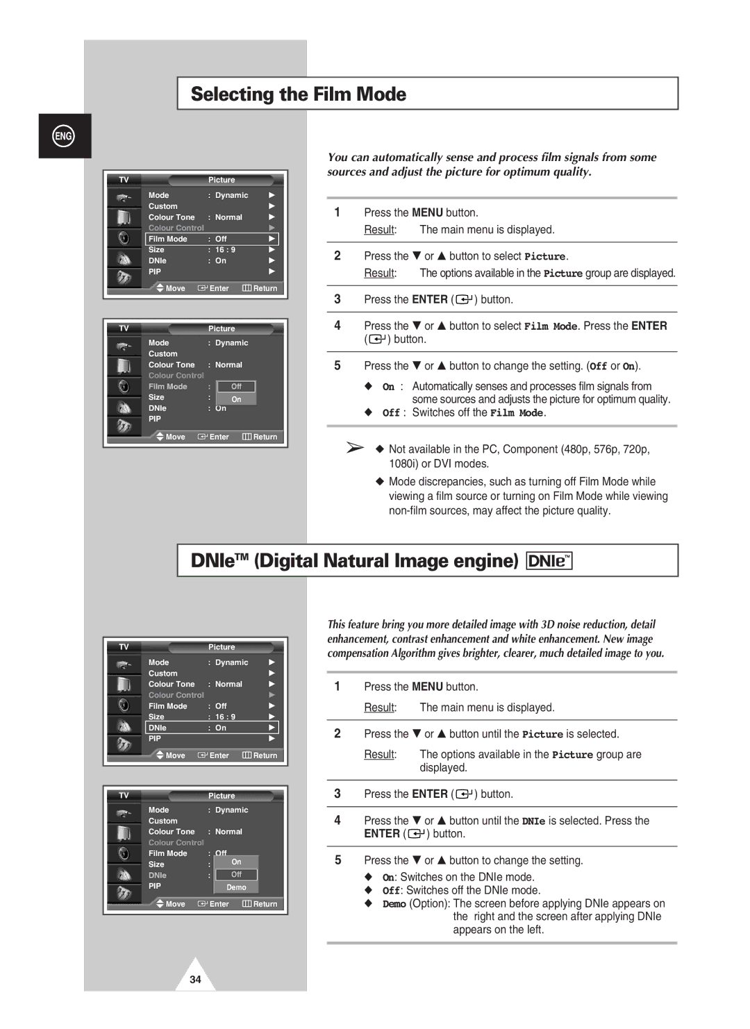 Samsung PAL60 manual Selecting the Film Mode, DNIeTM Digital Natural Image engine 