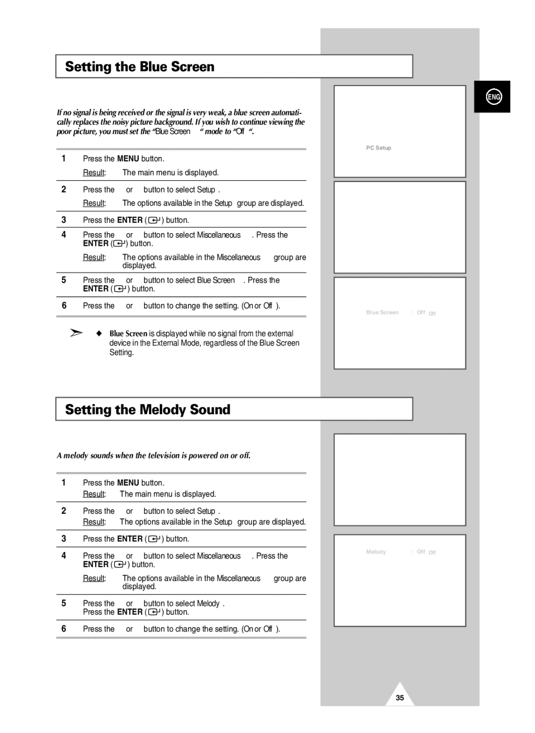 Samsung PAL60 Setting the Blue Screen, Setting the Melody Sound, Melody sounds when the television is powered on or off 
