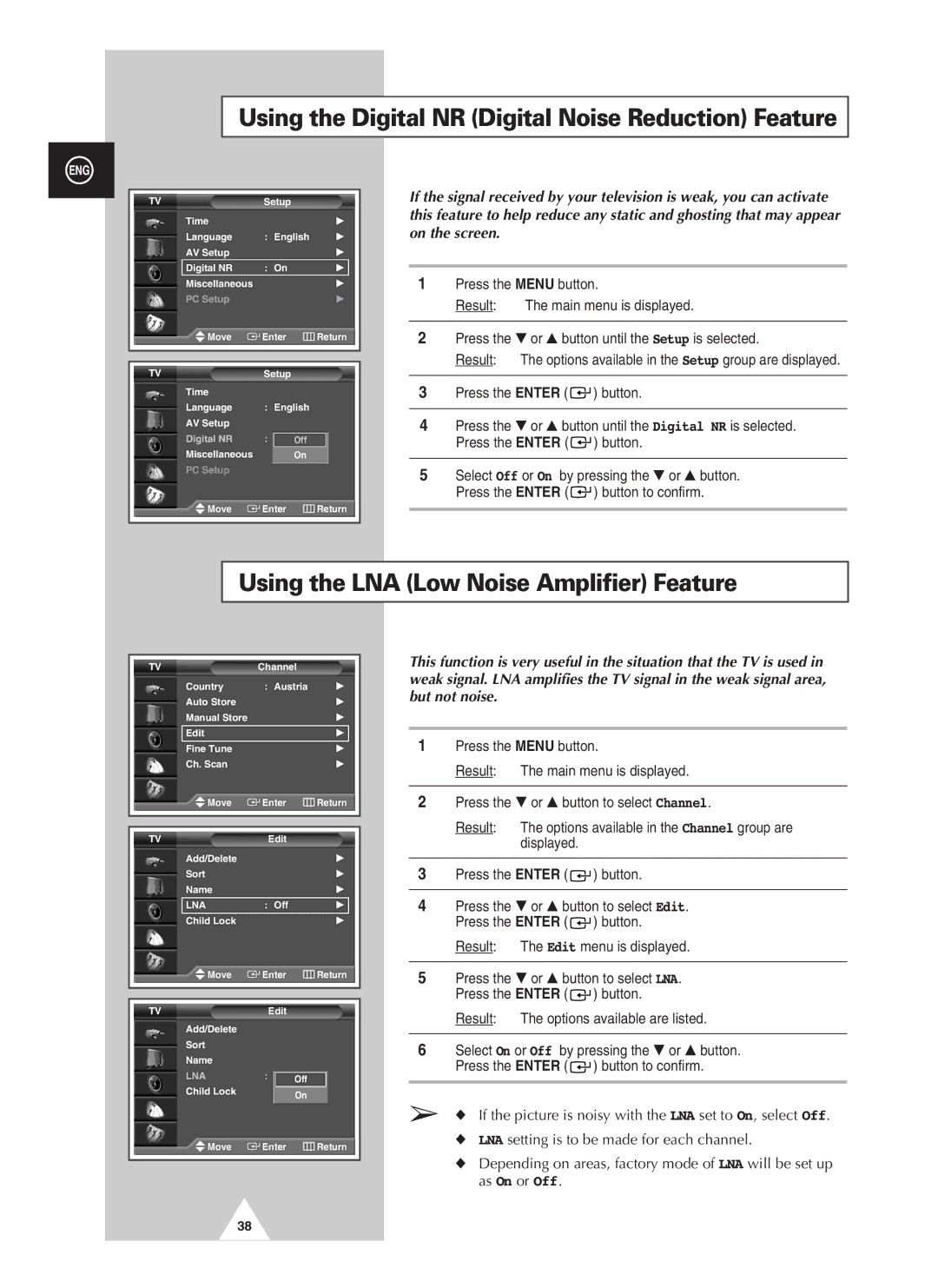 Samsung PAL60 manual Using the Digital NR Digital Noise Reduction Feature, Using the LNA Low Noise Amplifier Feature 