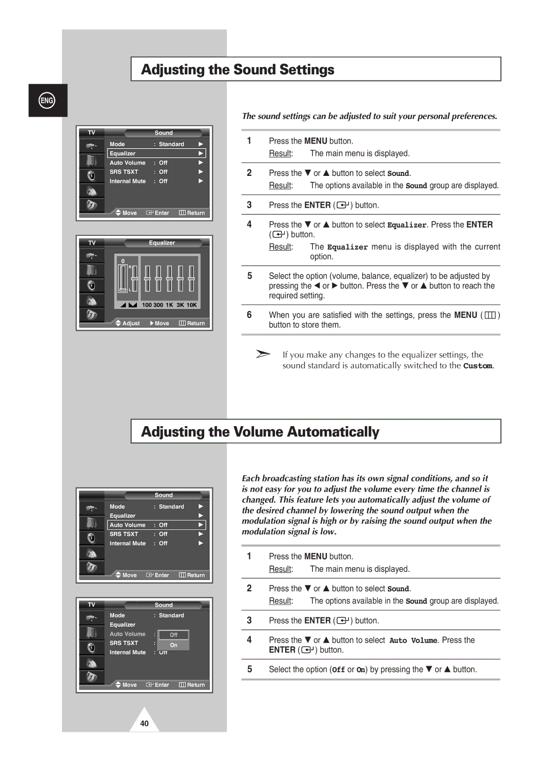 Samsung PAL60 manual Adjusting the Sound Settings, Adjusting the Volume Automatically 