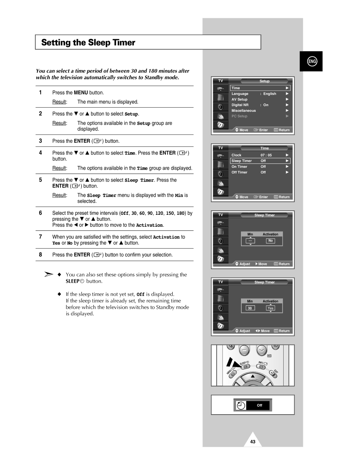 Samsung PAL60 manual Setting the Sleep Timer 