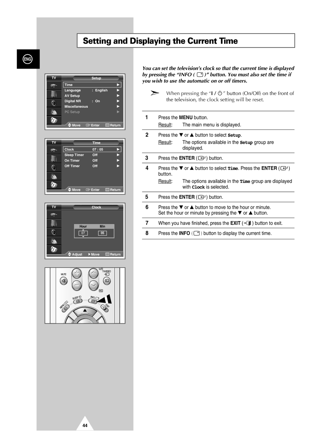 Samsung PAL60 manual Setting and Displaying the Current Time 