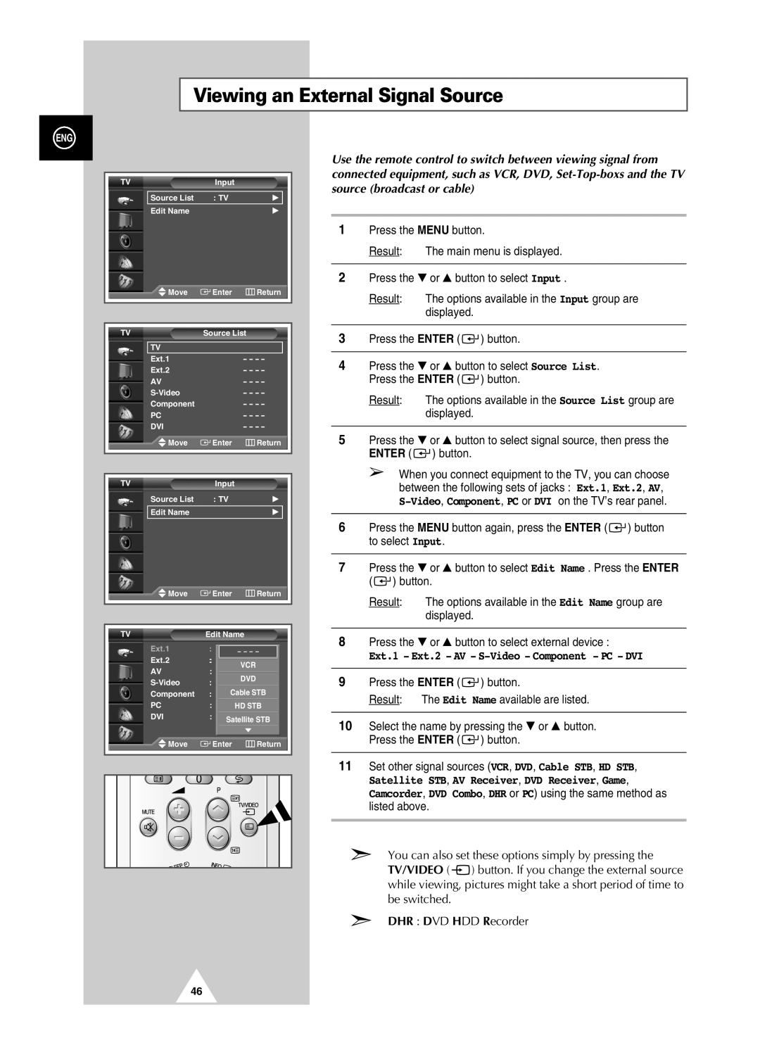 Samsung PAL60 manual Viewing an External Signal Source, Ext.1 Ext.2 AV S-Video Component PC DVI 