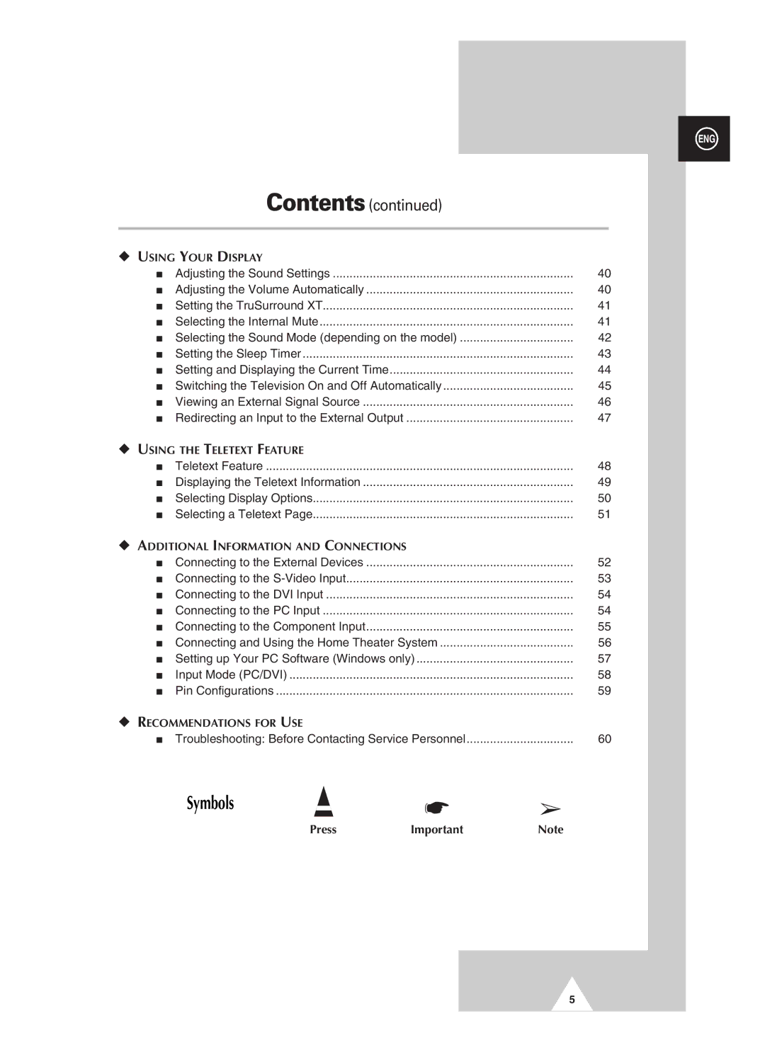 Samsung PAL60 manual Symbols, Contents 