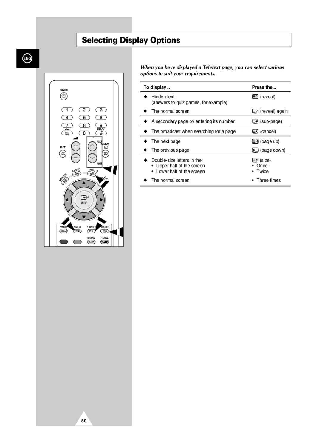 Samsung PAL60 manual Selecting Display Options, To display Press 