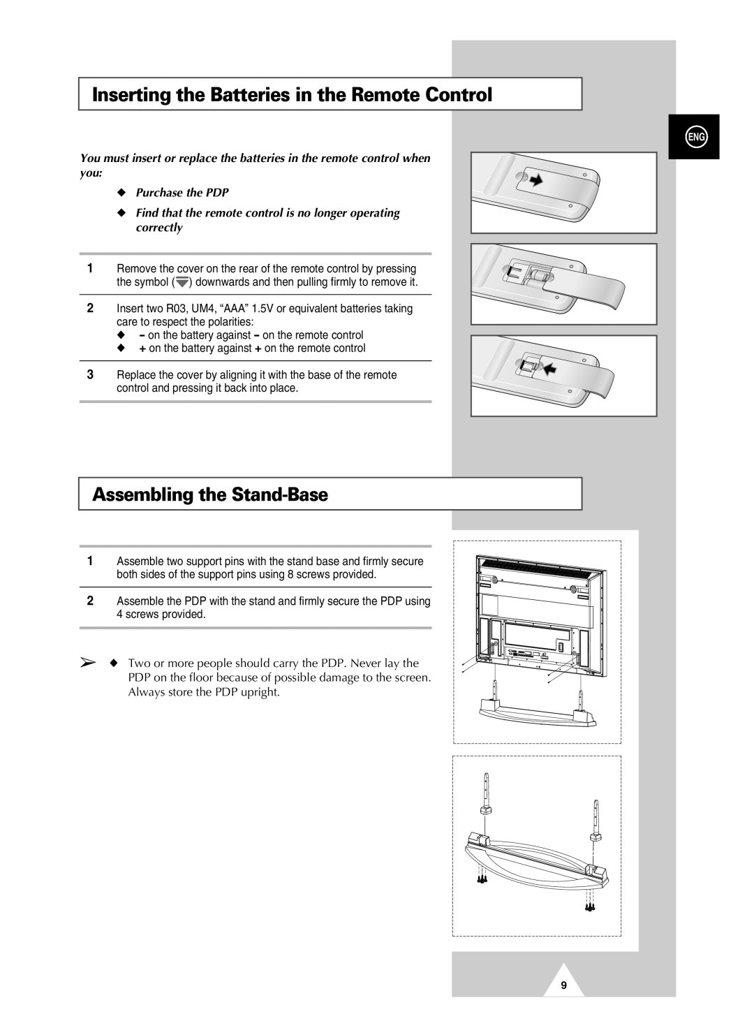 Samsung PAL60 manual Inserting the Batteries in the Remote Control, Assembling the Stand-Base 