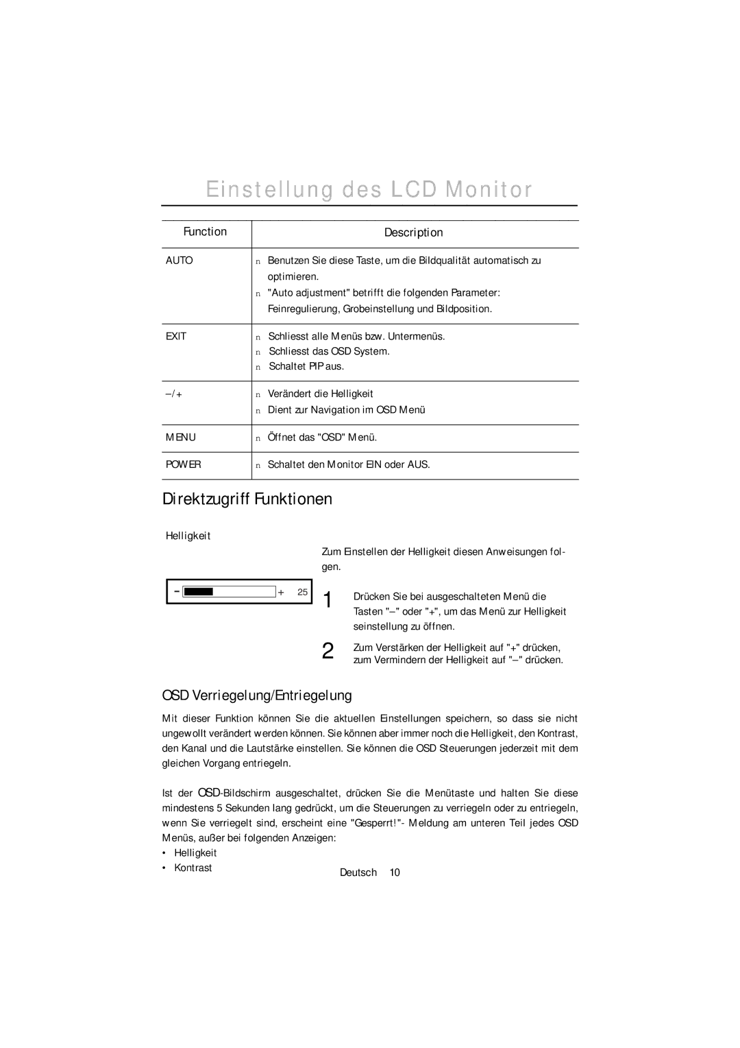 Samsung PC21PBSSS/EDC, PC21PBSS/EDC manual Direktzugriff Funktionen, OSD Verriegelung/Entriegelung, Function Description 