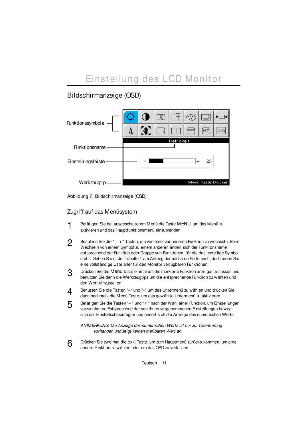 Samsung PC21PBSS/EDC, PC21PBSSS/EDC Bildschirmanzeige OSD, Funktionssymbole, Funktionsname Einstellungsleiste Werkzeugtip 