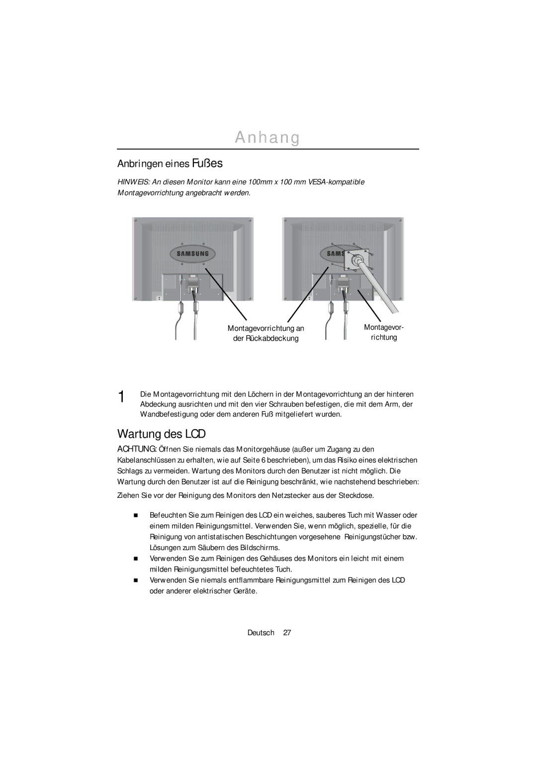 Samsung PC21PBSS/EDC Wartung des LCD, Anbringen eines Fußes, Wandbefestigung oder dem anderen Fuß mitgeliefert wurden 