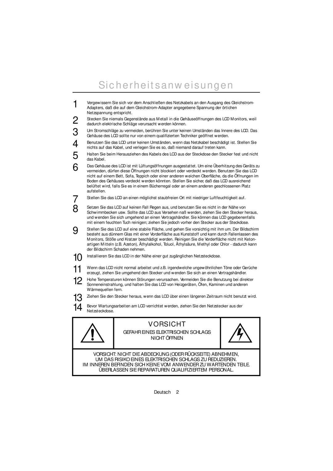 Samsung PC21PBSSS/EDC, PC21PBSS/EDC manual Sicherheitsanweisungen, Dadurch elektrische Schläge verursacht werden können 