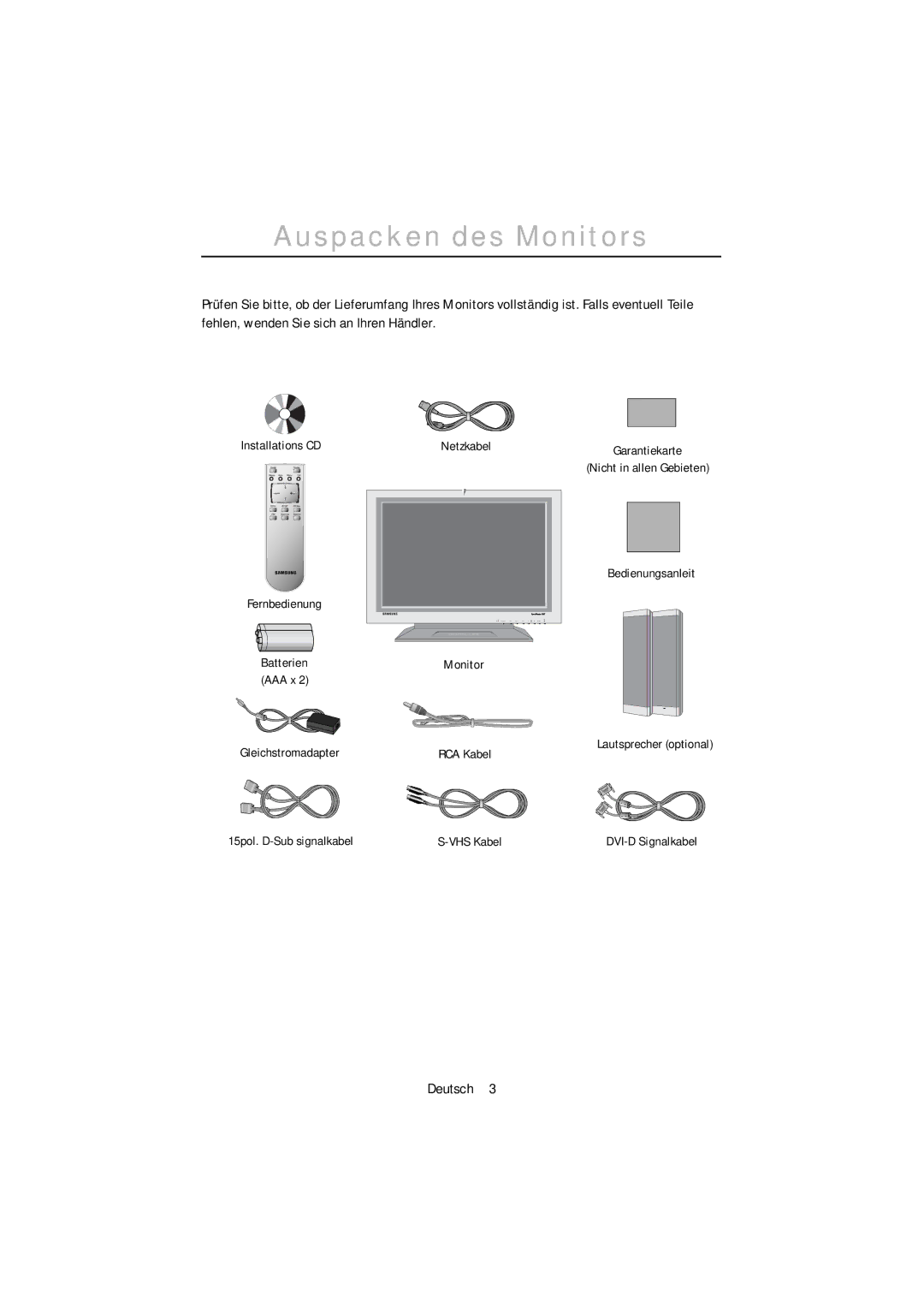 Samsung PC21PBSS/EDC, PC21PBSSS/EDC manual Auspacken des Monitors, English 