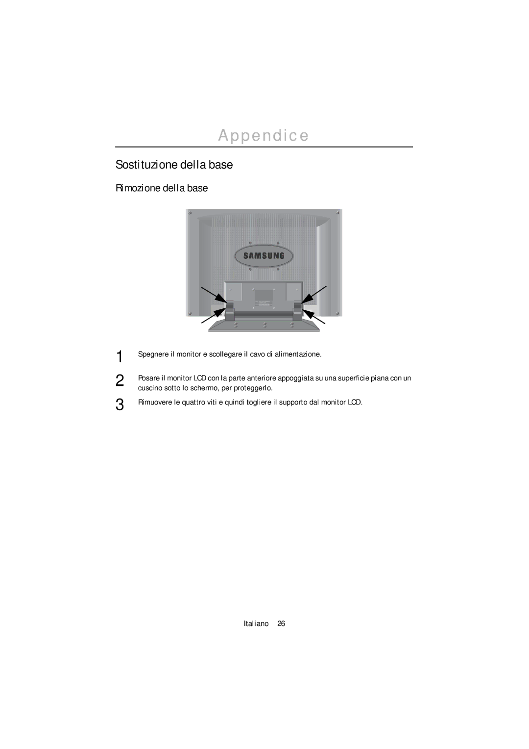 Samsung PC21PBSSS/EDC manual Sostituzione della base, Rimozione della base, Cuscino sotto lo schermo, per proteggerlo 