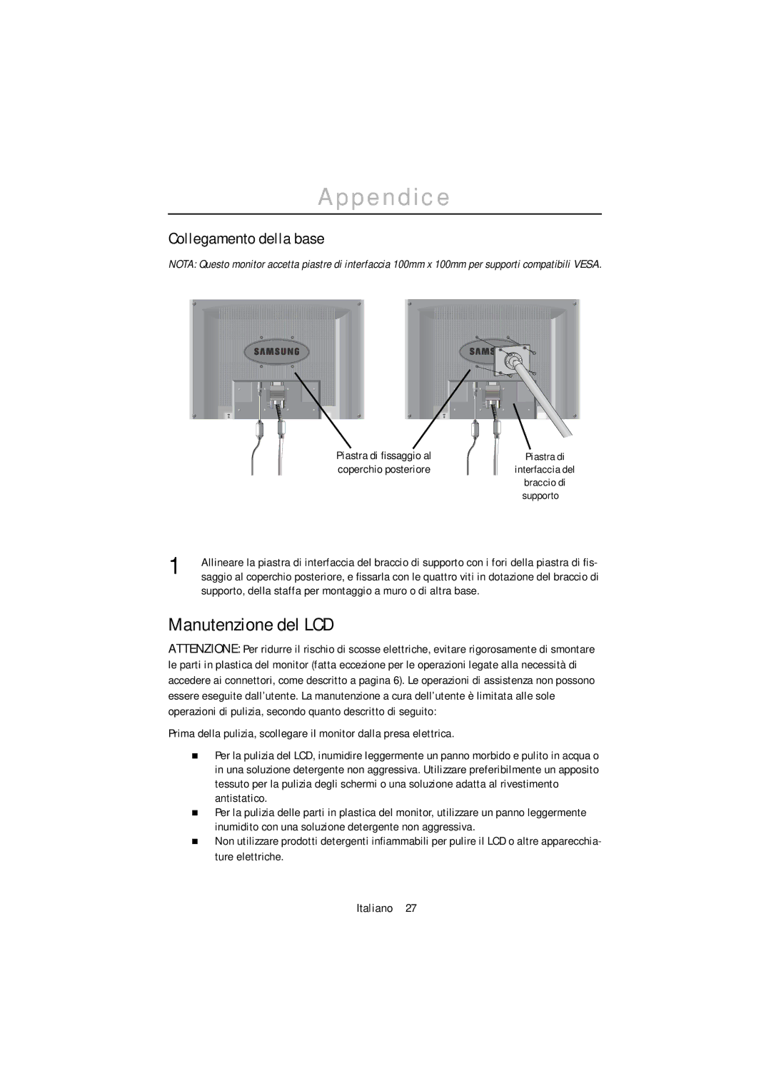 Samsung PC21PBSSS/EDC manual Manutenzione del LCD, Collegamento della base, Piastra di Interfaccia del 