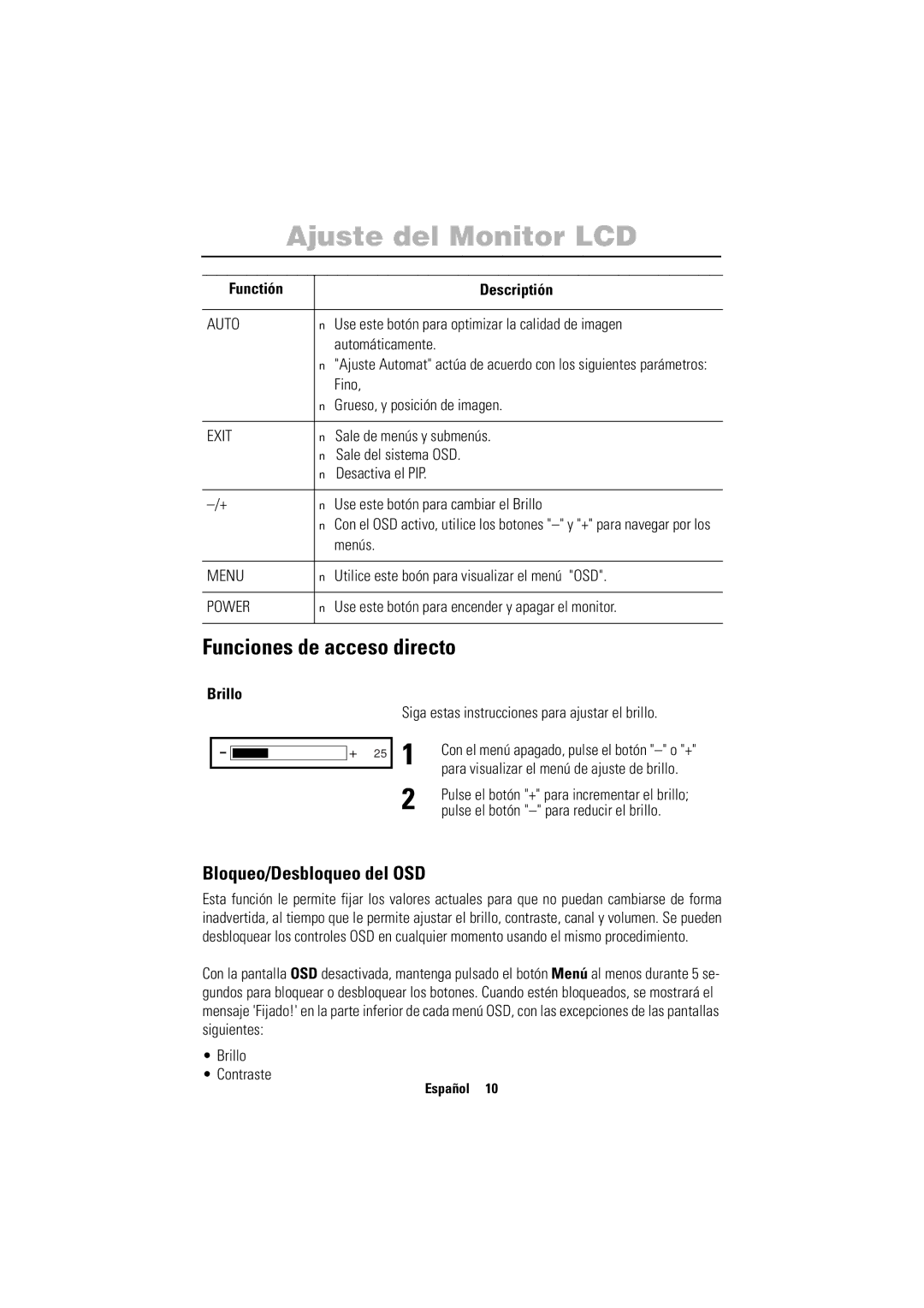 Samsung PC21PBSSS/EDC manual Funciones de acceso directo, Bloqueo/Desbloqueo del OSD, Brillo 