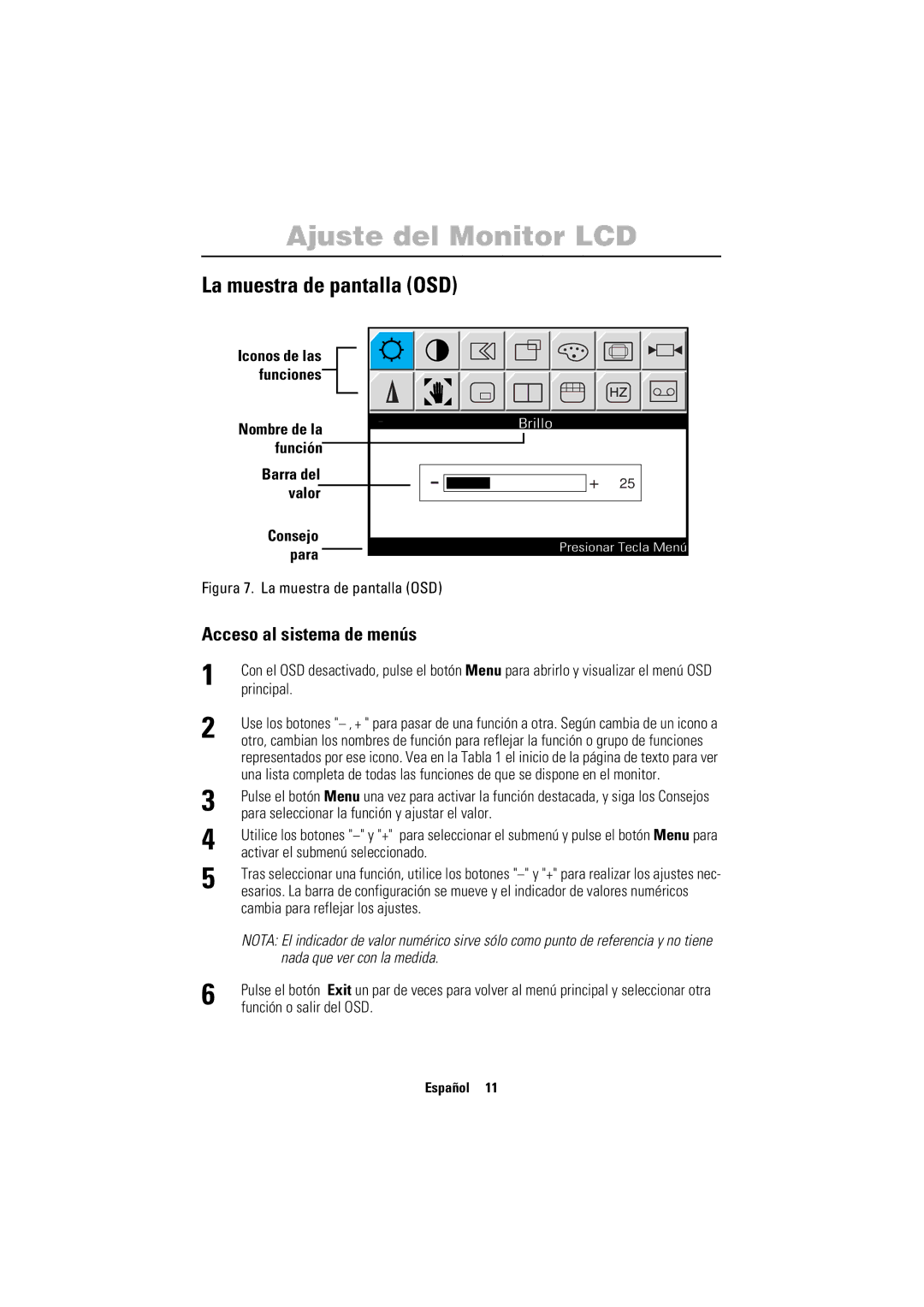 Samsung PC21PBSSS/EDC La muestra de pantalla OSD, Iconos de las Funciones Nombre de la, Función Barra del Valor Consejo 