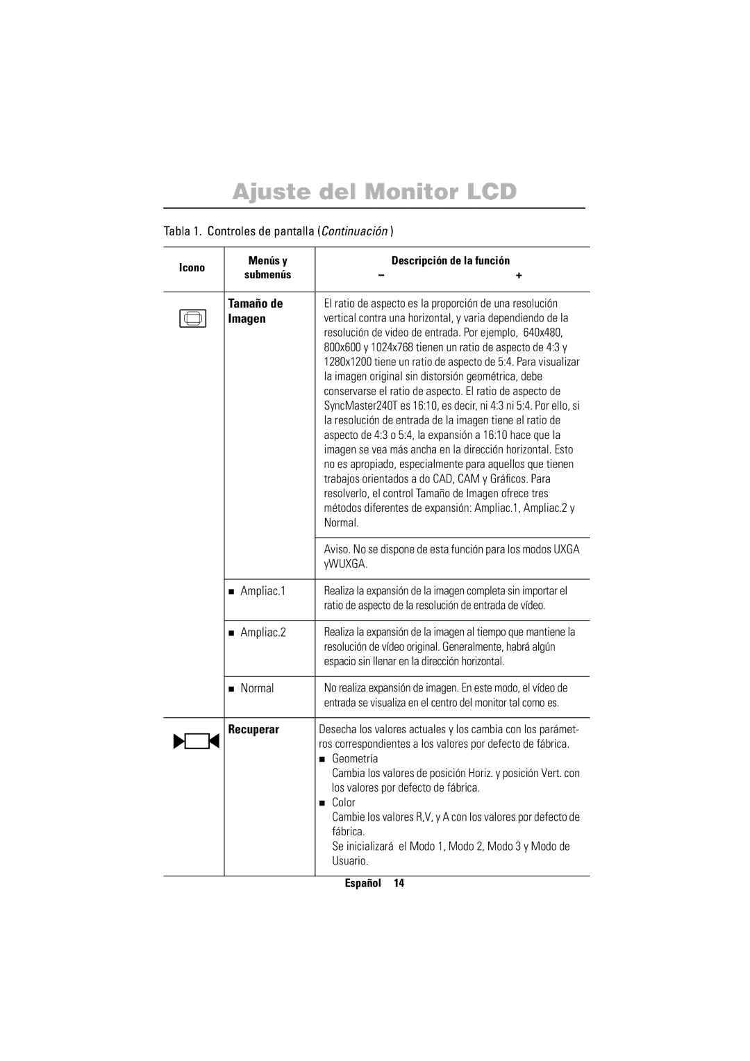 Samsung PC21PBSSS/EDC manual Tamaño de, Imagen, Recuperar 