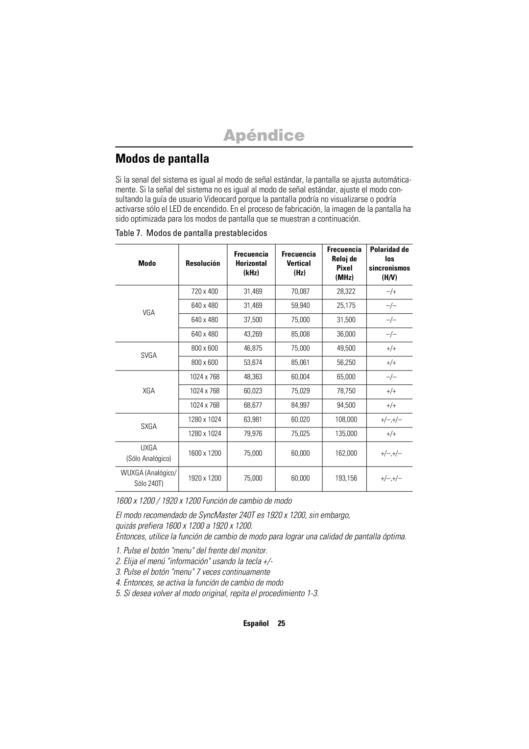 Samsung PC21PBSSS/EDC manual Modos de pantalla prestablecidos 