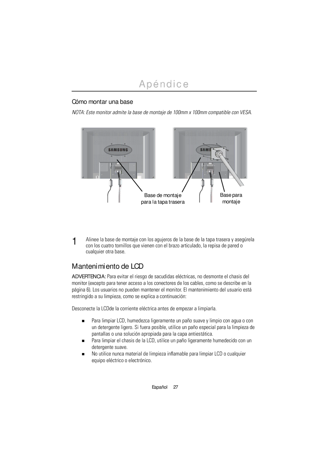 Samsung PC21PBSSS/EDC manual Mantenimiento de LCD, Cómo montar una base, Base de montaje Para la tapa trasera 