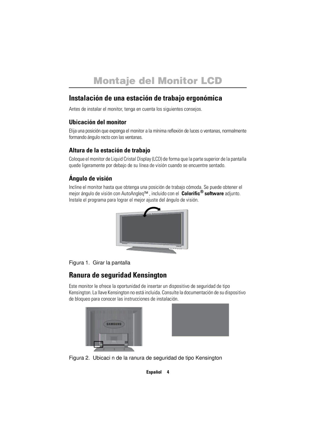 Samsung PC21PBSSS/EDC manual Montaje del Monitor LCD, Instalación de una estación de trabajo ergonómica 