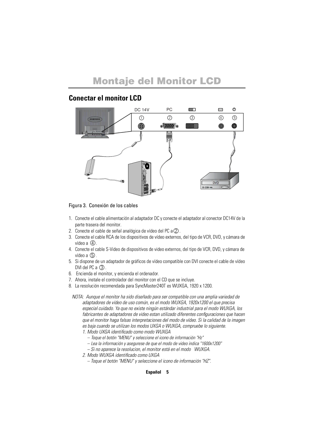 Samsung PC21PBSSS/EDC manual Conectar el monitor LCD, Modo Uxga identiﬁcado como modo Wuxga 