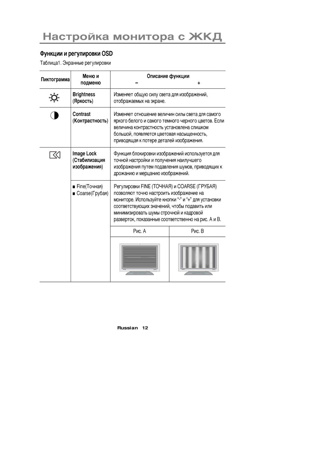 Samsung PC21PBSSS/EDC manual Èêòîãðàììà, Ïîäìåíþ Brightness, Contrast, Šîíòðàñòíîñòü, Image Lock, ‘òàáèëèçàöèß, Èçîáðàæåíèß 