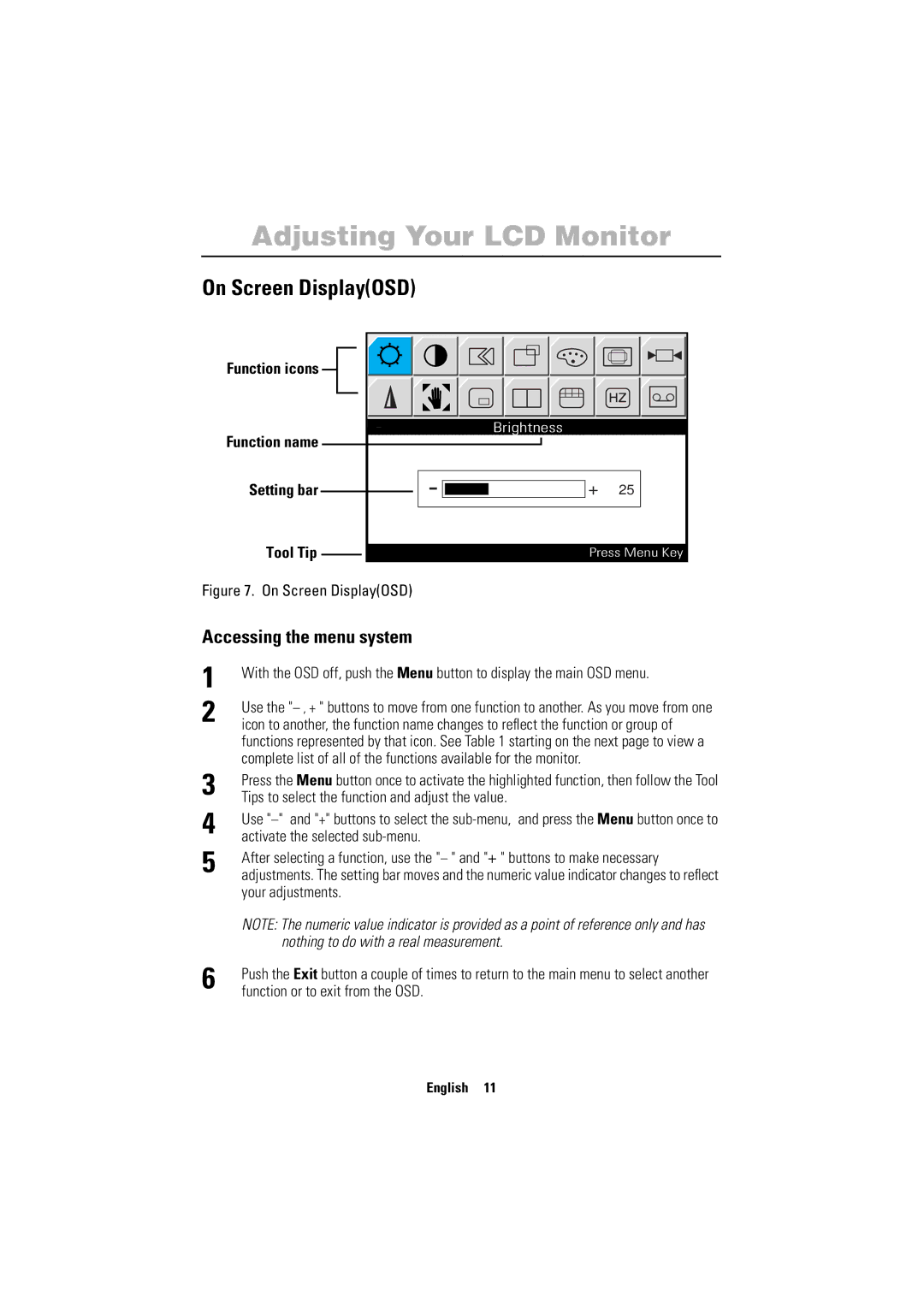 Samsung PC21PBSSS/EDC On Screen DisplayOSD, Function icons Function name, Setting bar Tool Tip, Accessing the menu system 