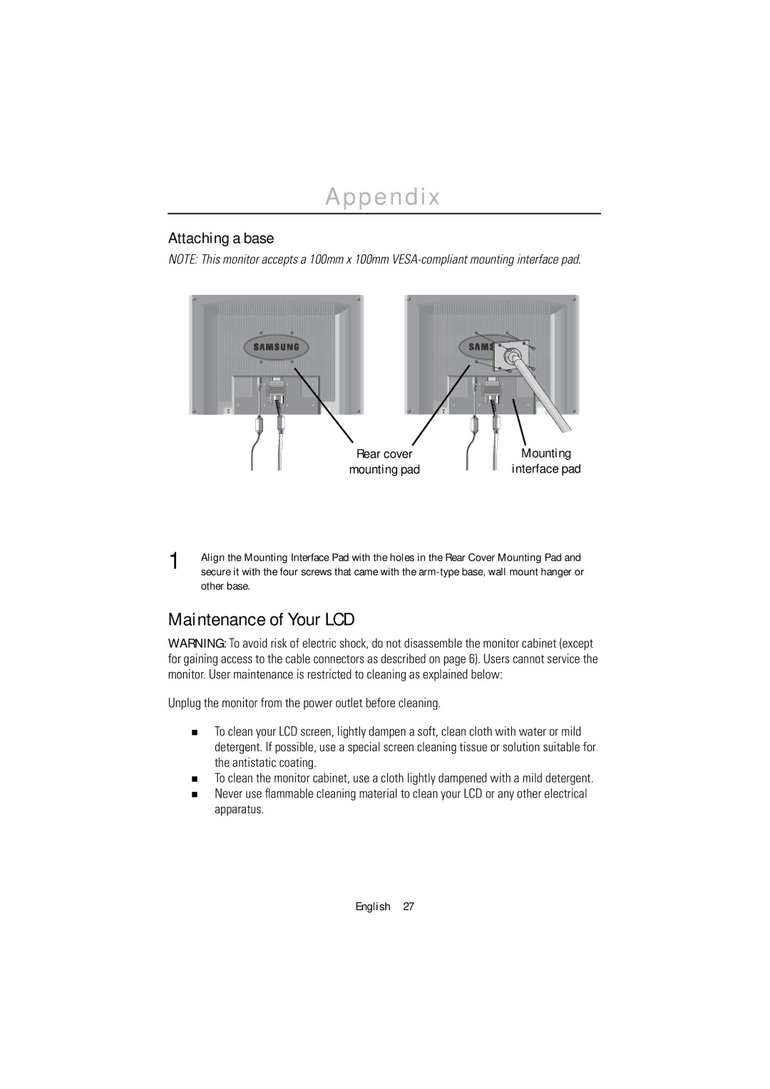 Samsung PC21PBSSS/XSS, PC21PBSSS/XSJ manual Maintenance of Your LCD, Attaching a base, Rear cover Mounting pad Interface pad 