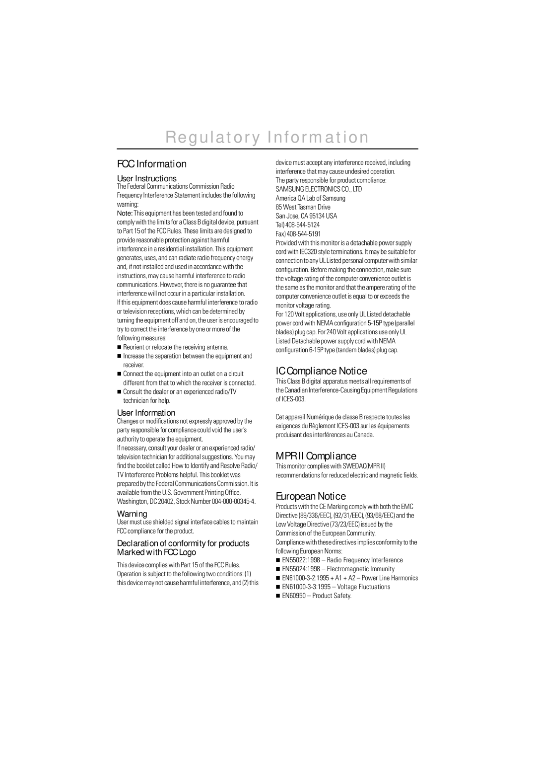 Samsung PC21PBSSS/EDC Regulatory Information, FCC Information, IC Compliance Notice, MPR II Compliance, European Notice 