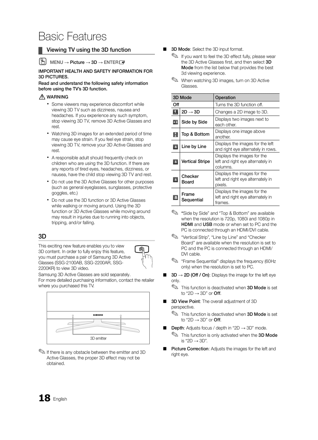 Samsung PC490-ZC user manual Viewing TV using the 3D function, OO Menu → Picture → 3D → Entere, Displays the images for 